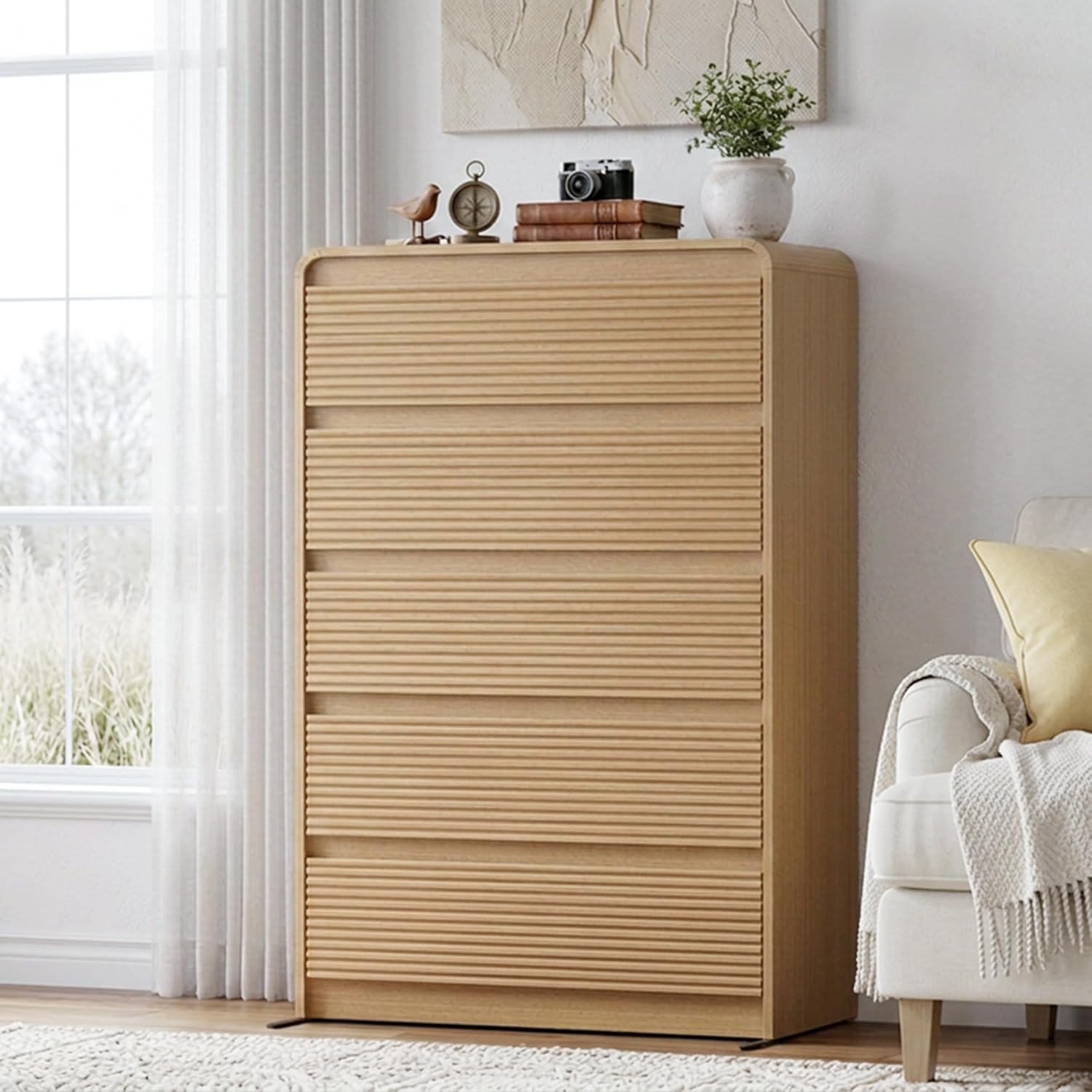 Fluted 5-Drawer Dresser, Light Oak, 47" Tall