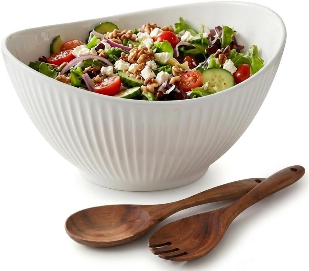 KITEISCAT Large Oval Ceramic Salad Bowl with Acacia Servers