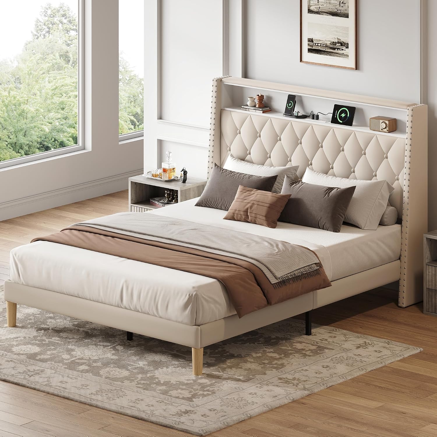 WLIVE Queen Upholstered Platform Bed, Beige Velvet
