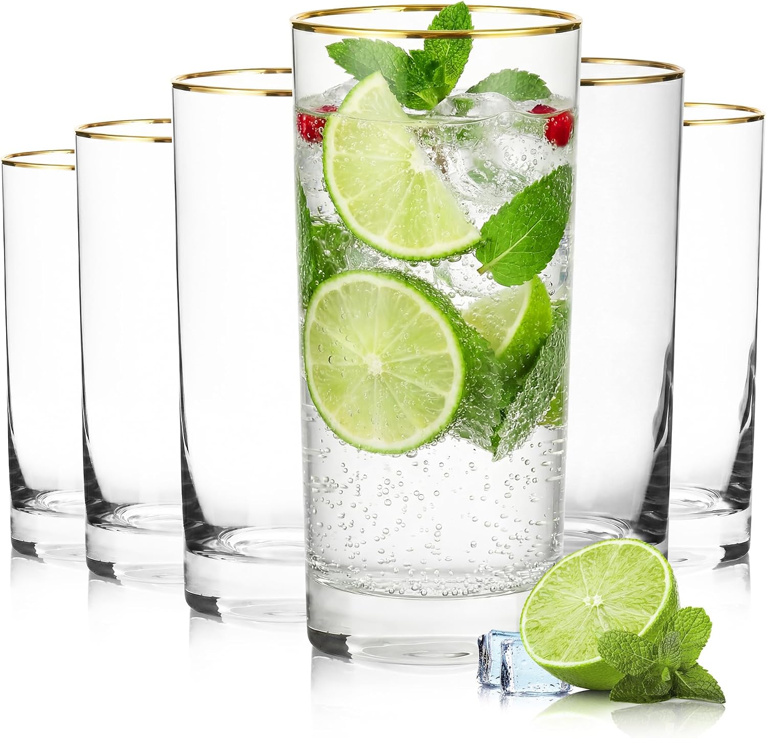 Gold-Rimmed Crystal-Cut Drinking Glasses, Set of 6, 16 oz
