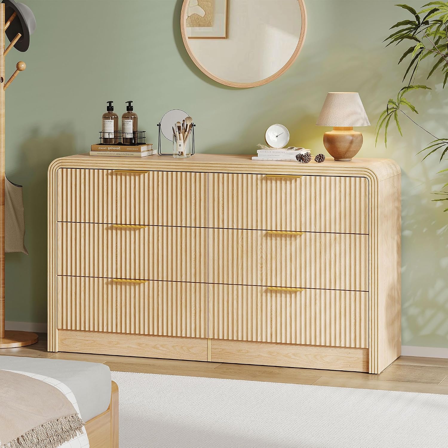 Decofy 55" Fluted 6-Drawer Dresser, Natural Oak, Gold Handles