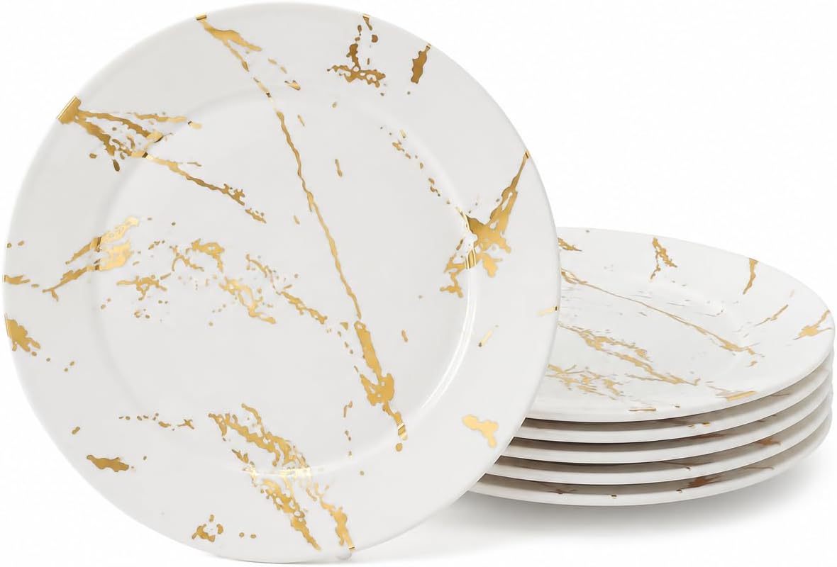White and Gold Marble Dinner Plates, 10", Set of 6