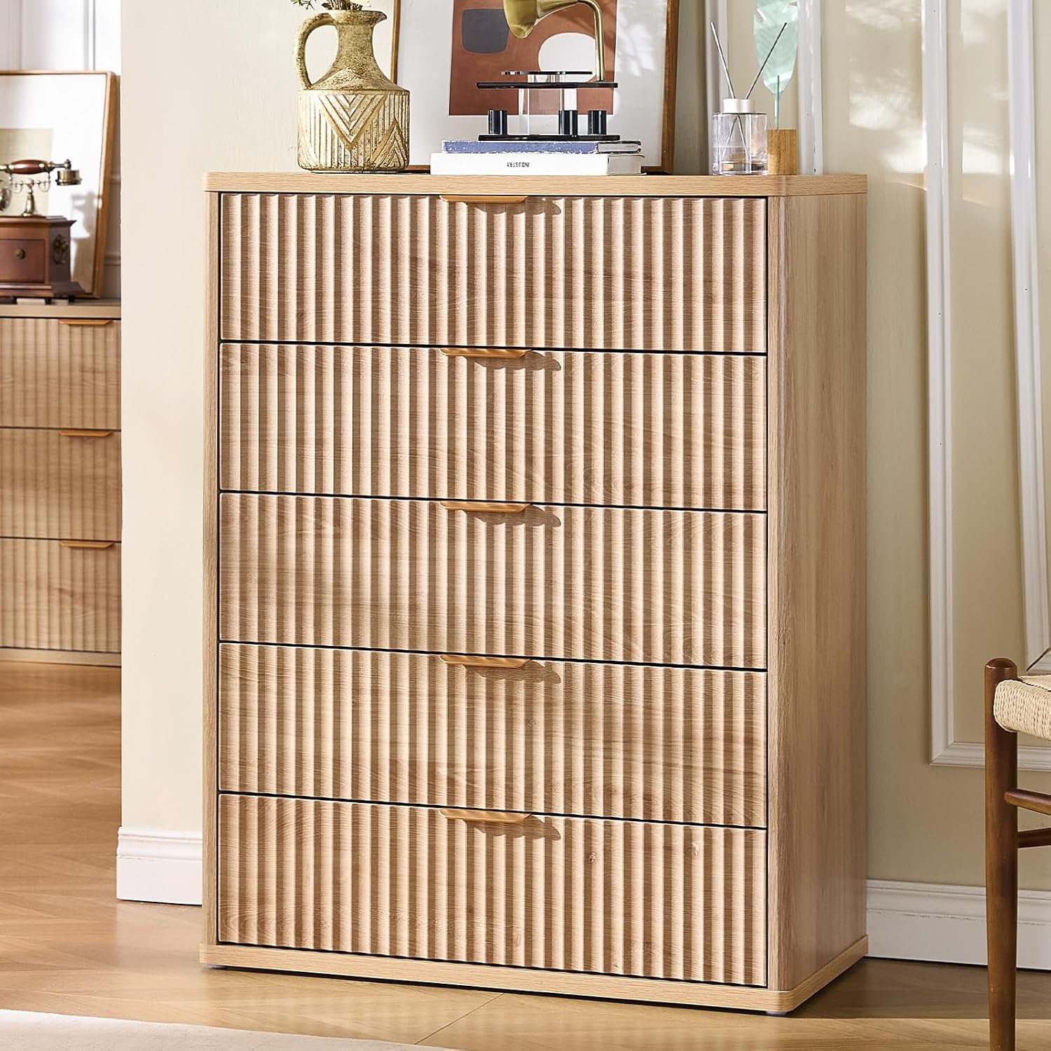 LEYAOYAO Fluted 5-Drawer Dresser, Natural Wood