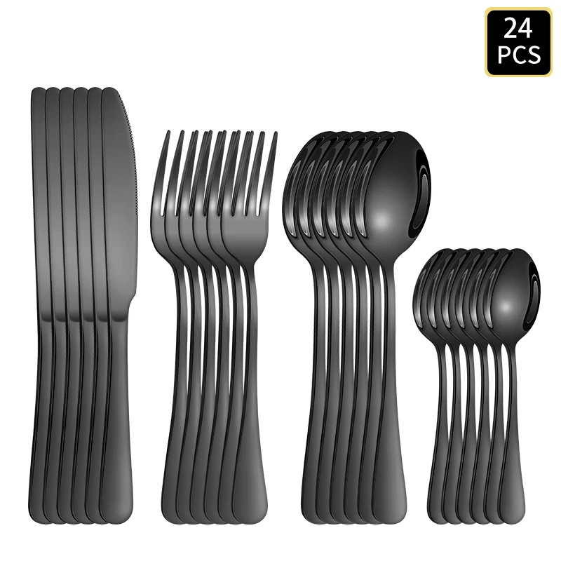 Black Stainless Steel Flatware Set, 24 Piece Service for 6 (Matte Black)