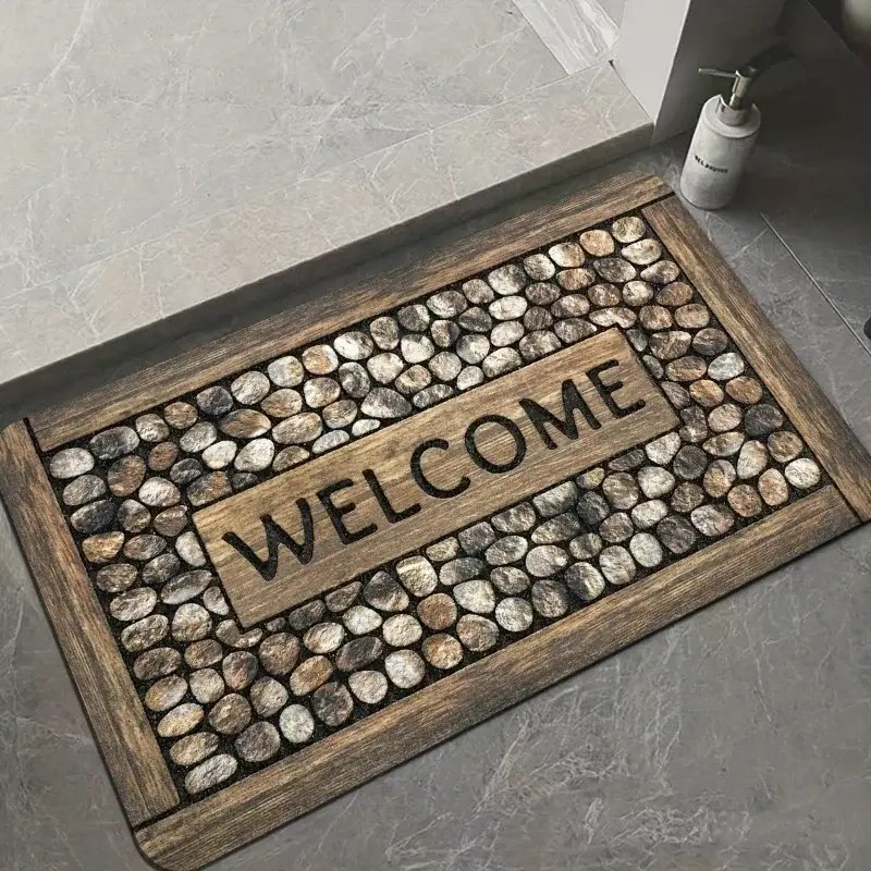 WELCOME Door Mat — Non-Slip Washable Entryway Doormat with Stone & Wood Print