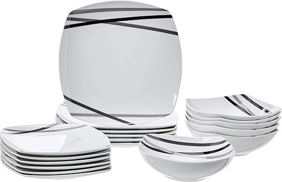 Amazon Basics Square Dinnerware Set for 6, Plates and Bowls for Kitchen, 18-Piece, Dishwasher and Microwave Safe, Modern Beams