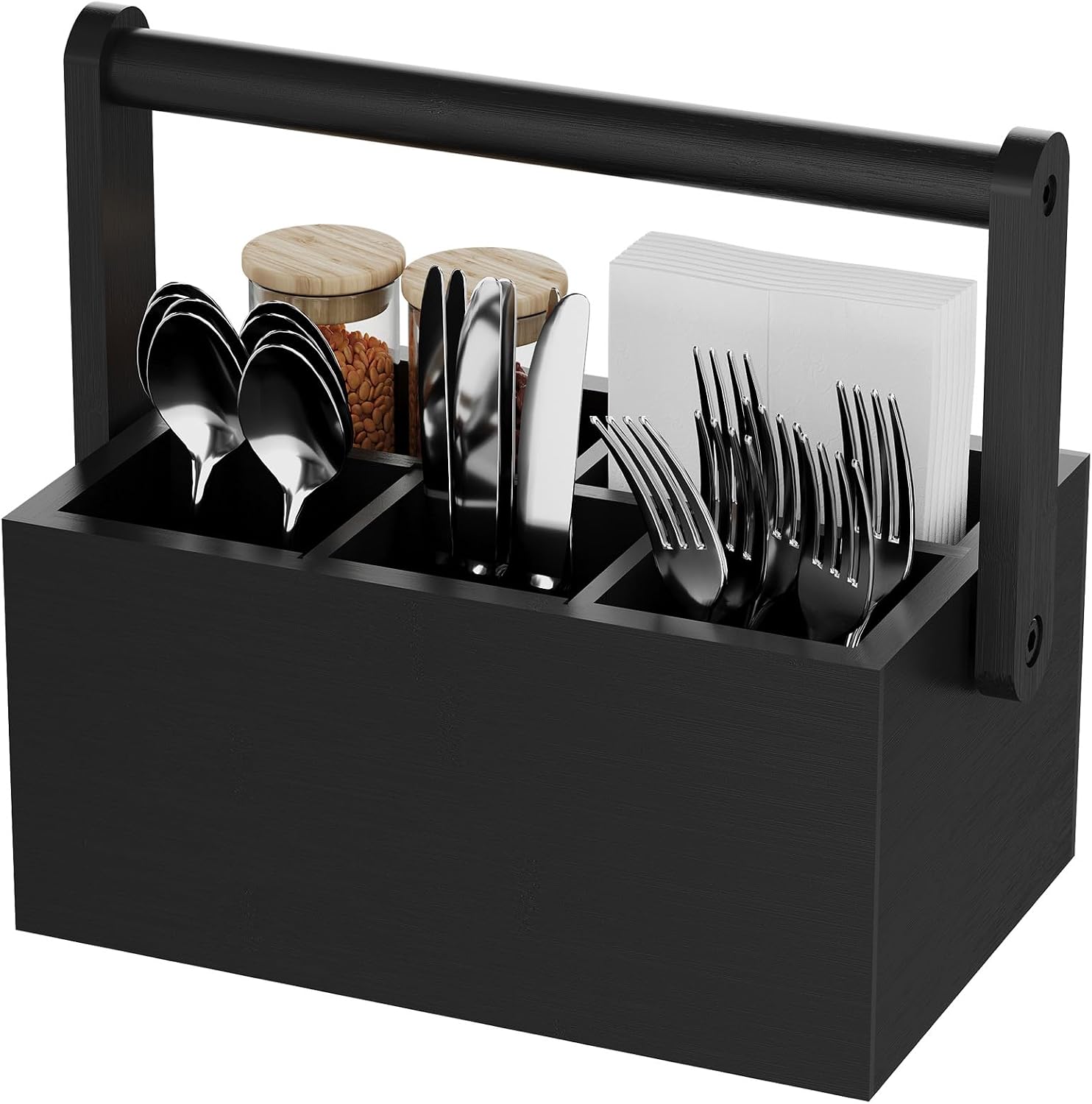 Silverware Caddy with Removable Dividers, Portable Bamboo Countertop Cutlery Organizer