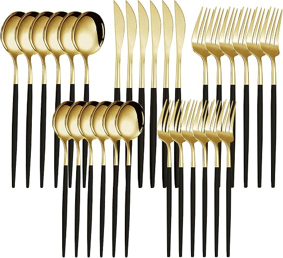 Kawlity Stainless Steel Serving Flatware Durable Black & Gold Polished Knives Spoon Forks 30 Pcs Utensil Dinner Tableware, for Kitchen Dishwasher Adults and Children Ideal Gift