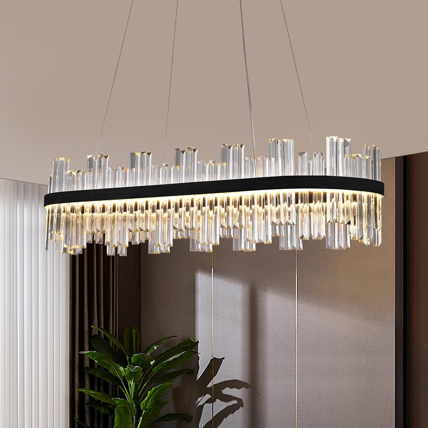 Black LED Modern Crystal Chandelier, Rectangular Linear Ceiling Light