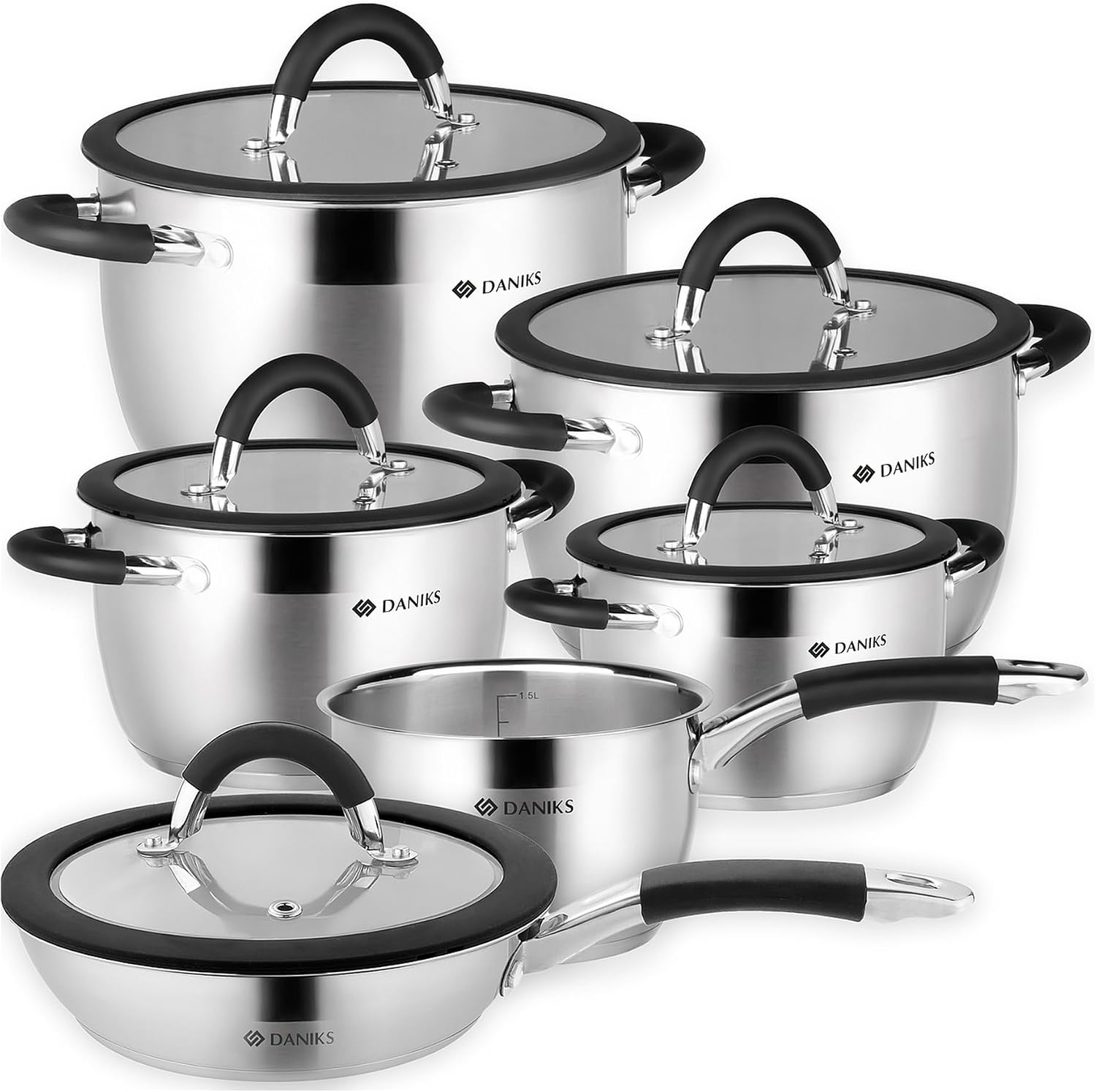 Daniks Orlando 11-Piece Stainless Steel Cookware Set with Glass Lids, Includes Saucepan and Frying Pan, Tri-Ply Bases for Even Heating, Induction Compatible, Dishwasher Safe, Heatproof Handles