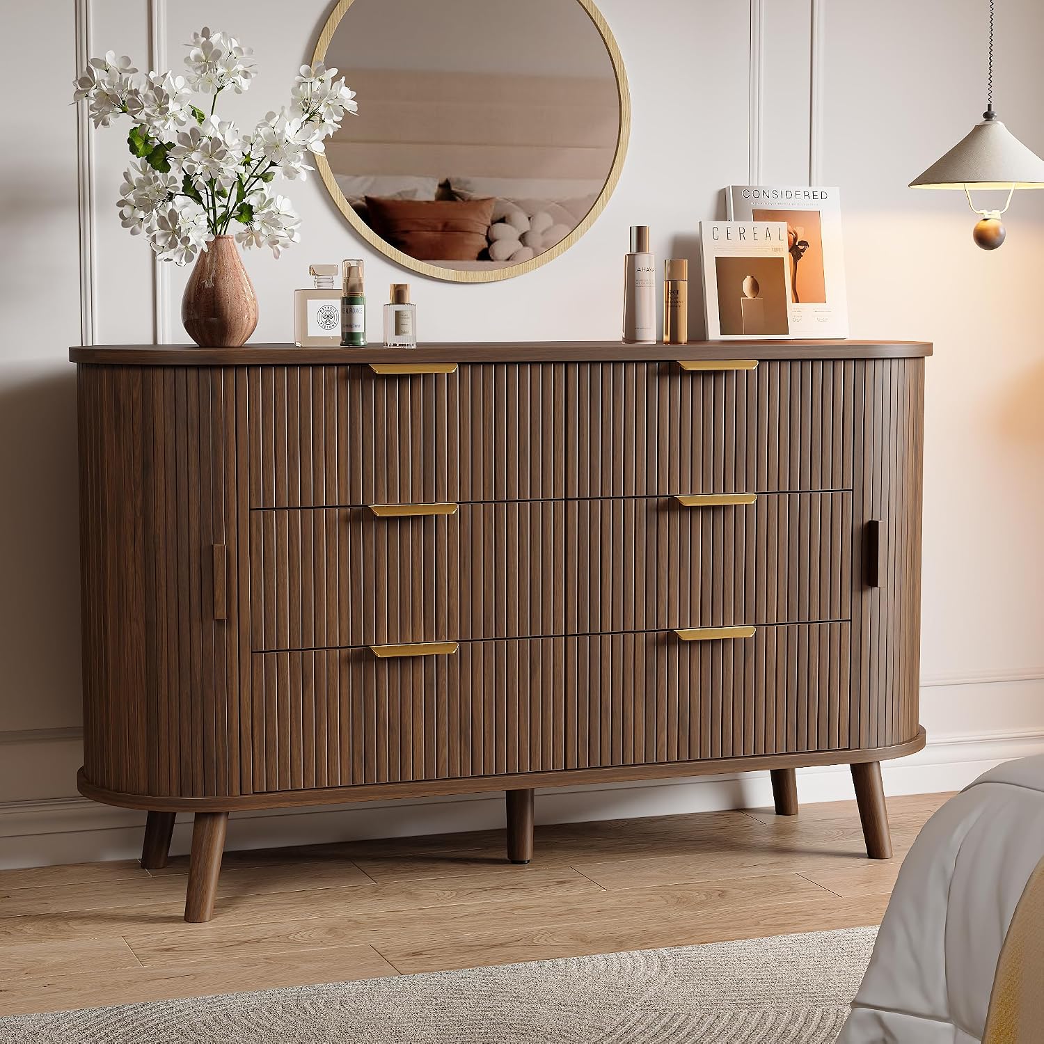 Decofy Fluted 6-Drawer Dresser, 55" Wide Mid-Century Chest with Sliding Door (Walnut)