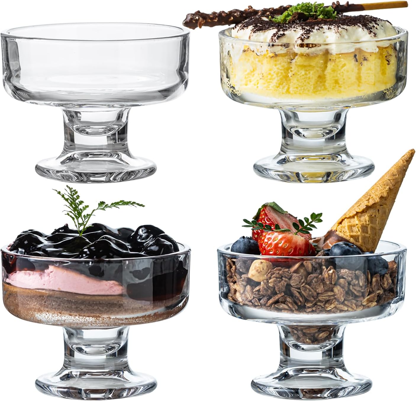 7 oz Glass Dessert Bowls, Set of 4 Footed Parfait / Trifle Cups