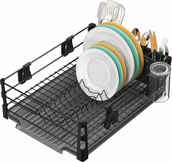 Simple Houseware Dish Drying Rack, Black | with Drainboard, Utensil Holder and Mug Hooks