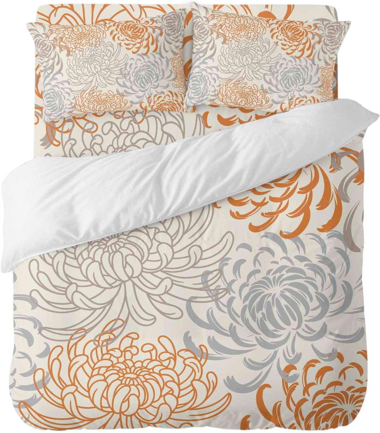 4 Piece Duvet Cover Set for Full Size Bed, Fall Orange Chrysanthemum Flower Soft Microfiber Bedding Set with Quilt Cover, Flat Sheet & 2 Pillowcases