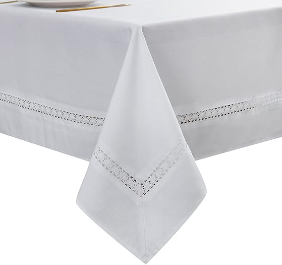 EHouseHome Heavy Duty Fabric Tablecloth with White Lace-Waterproof/Wrinkle Free/Stain Resistant/Oil Proof-for Dining,Indoor&Outdoor,Wedding,Holiday,White,Rectangle 60x84Inch