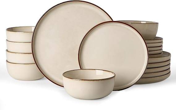 Famiware Milkyway Stoneware Dinnerware Set, 18-Piece, Double Reactive Glaze, Plates and Bowls, Service for 6, Microwave and Dishwasher Safe, Scratch-Resistant, Light khaki