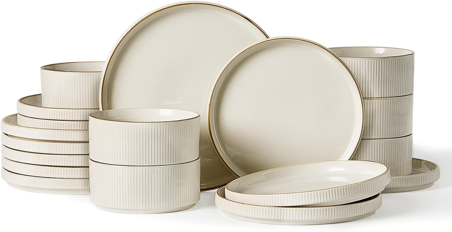 Famiware Star 18-Piece Stoneware Plates and Bowls Sets, Service for 6, Ceramic Dinnerware with Trim, Modern Rustic Dishes for Everyday/Formal, Chip/Scratch Resistant, Microwave/Dishwasher Safe, White