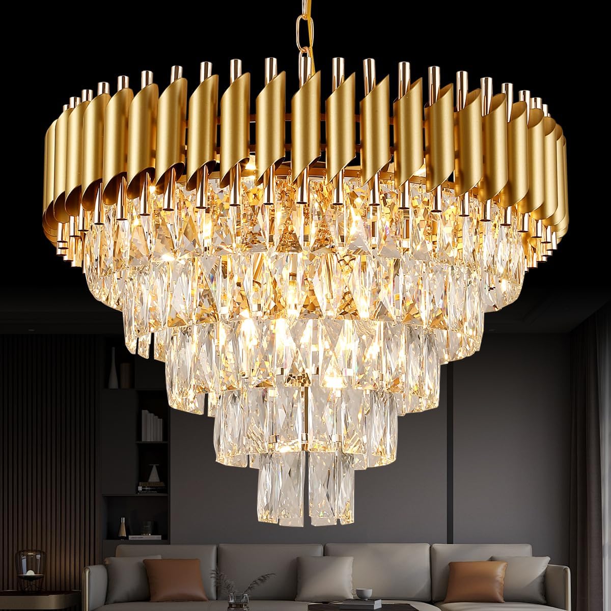 5-Tier Gold Crystal Chandelier, Round Cascading Crystal Ceiling Light