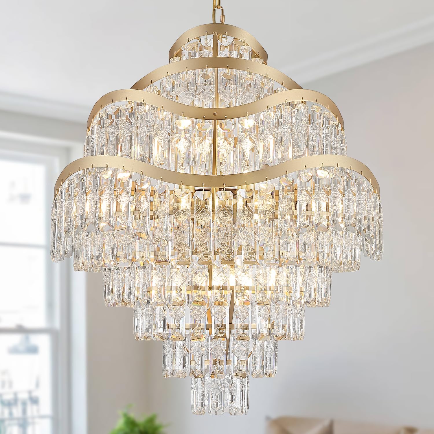 9-Tier Gold Crystal Chandelier, Cascading Round Ceiling Light