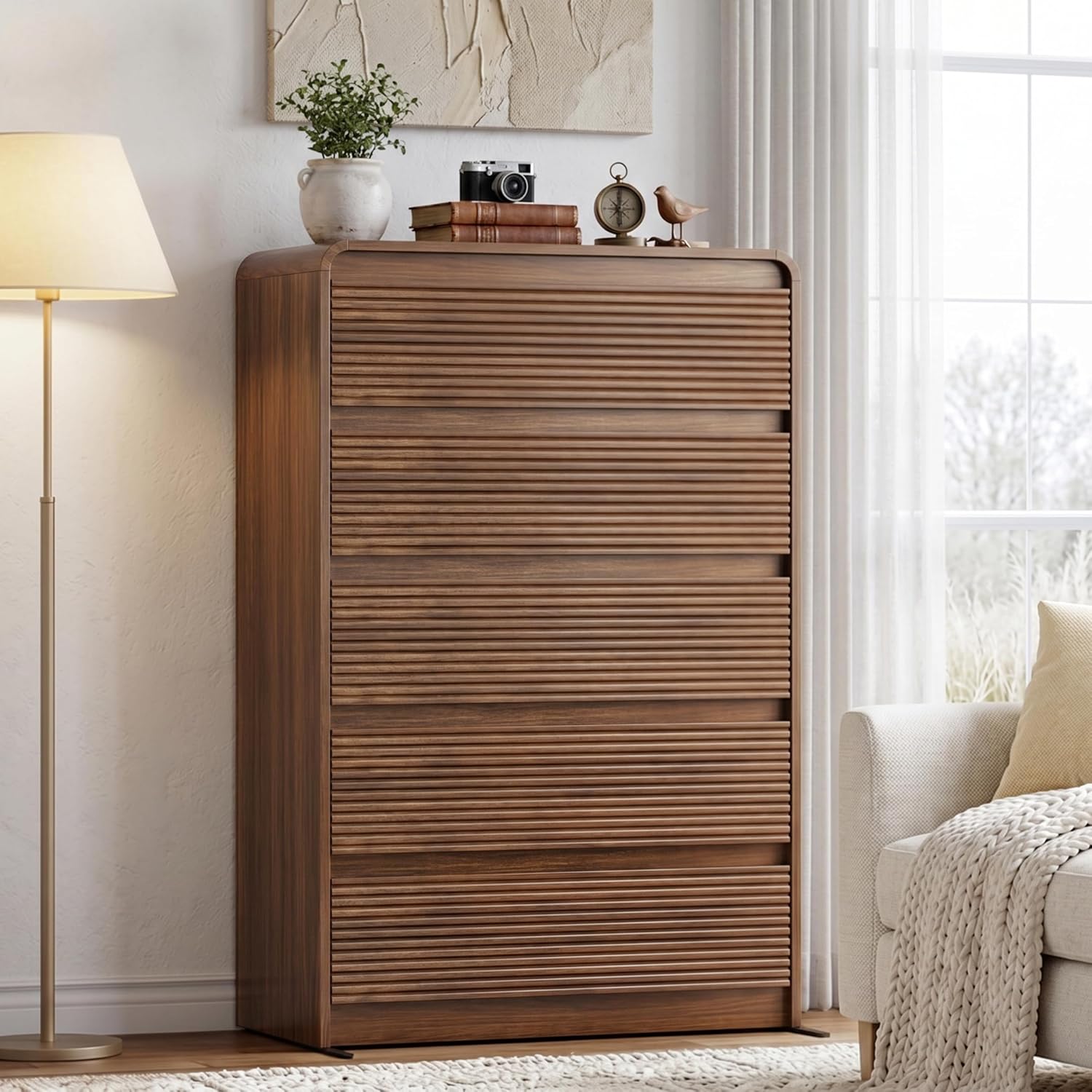 Fluted 5-Drawer Walnut Dresser, 47" Tall Modern Chest of Drawers with Anti-Tip Kit