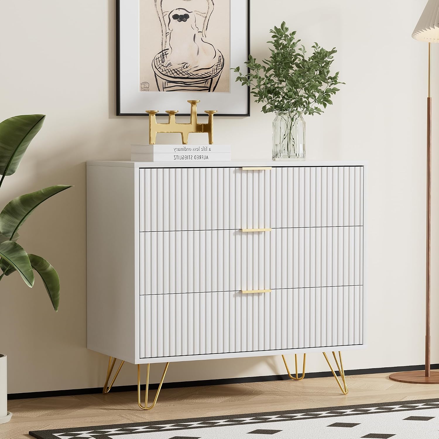Furniway White 3-Drawer Fluted Dresser with Gold Pulls (31.5" W)