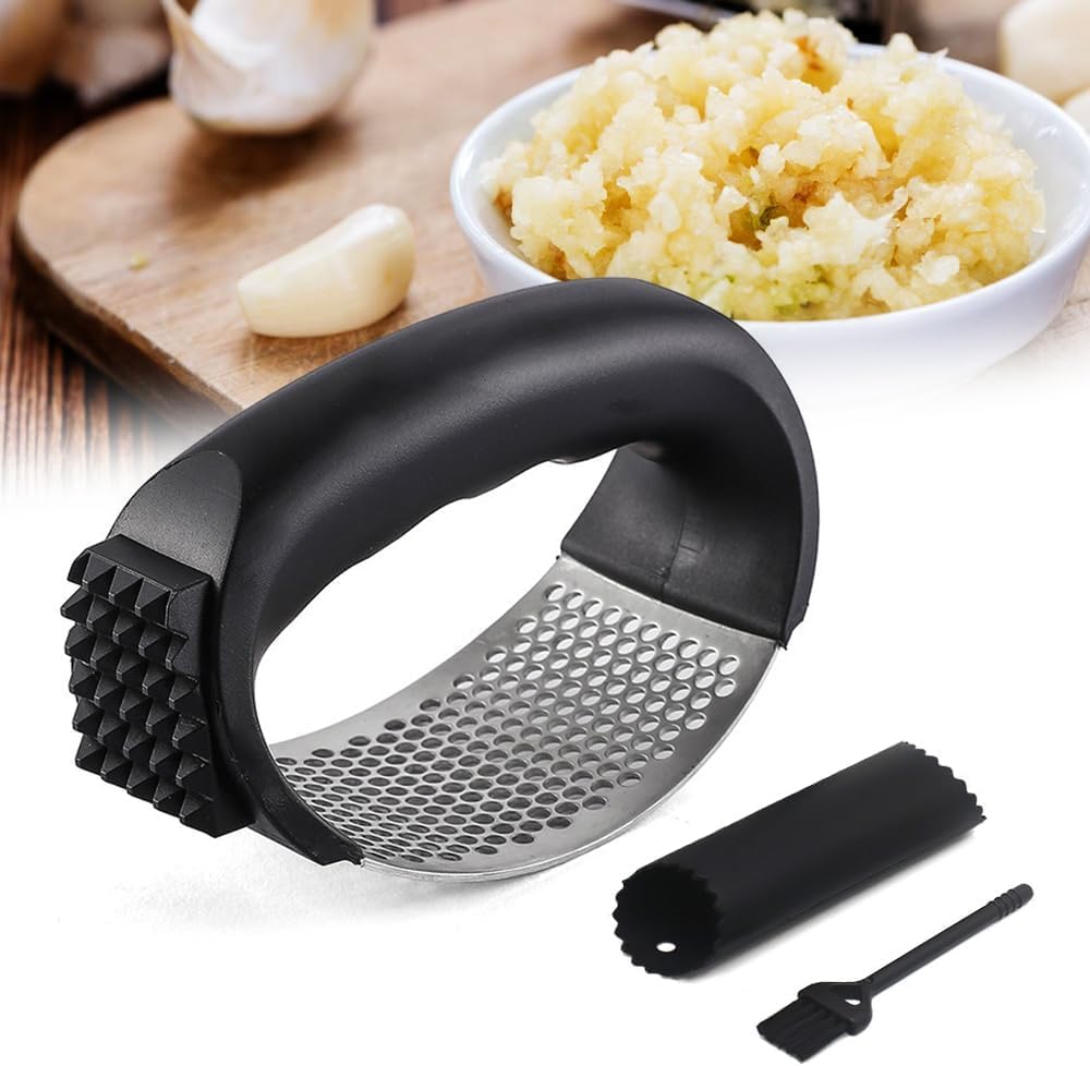 Stainless Steel Garlic Press Rocker with Peeler & Cleaning Brush, Black