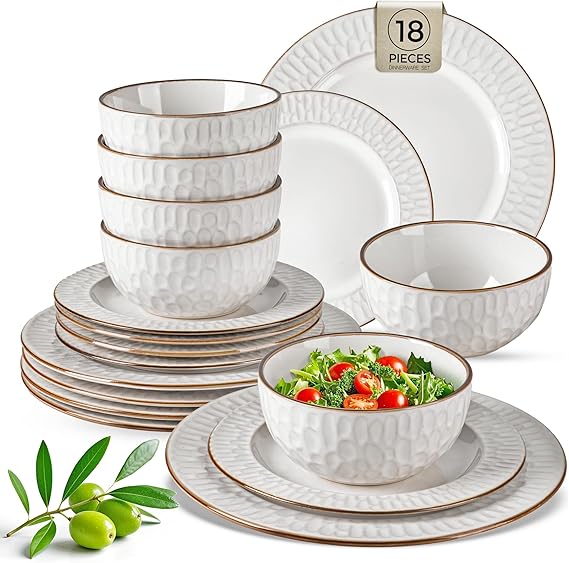 GBHOME Ceramic Dinnerware Sets,18 pcs Embossed Elegant Stoneware Plates and Bowls Sets, Housewarming Wedding Gift | Dishwasher & Microwave Safe | Dishes Set Service for 6