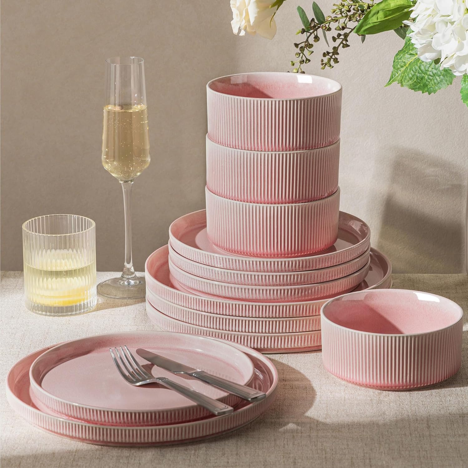 GBHOME Stoneware Dinnerware Sets for 4,12-Piece Plates and Bowls Set | Handmade Reactive Glaze Ceramic Dish Set, Scratch Resistant, Dishwasher&Microwave Safe,Blush Pink