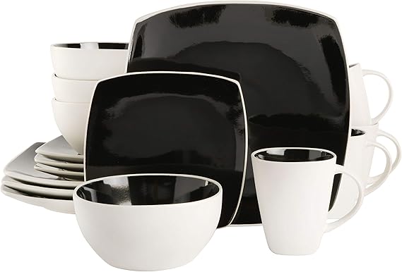 Gibson Soho Lounge Square Reactive Glaze Stoneware Dinnerware Set, Service for 4 (16pc), Black/white