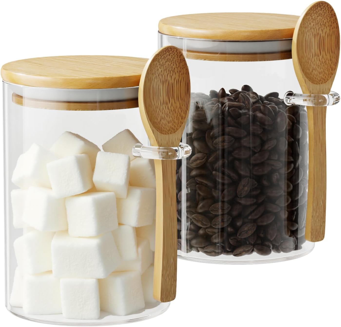 15 oz Glass Sugar Containers, 2 Pack — Sealed Coffee Jars with Bamboo Lids and Spoons