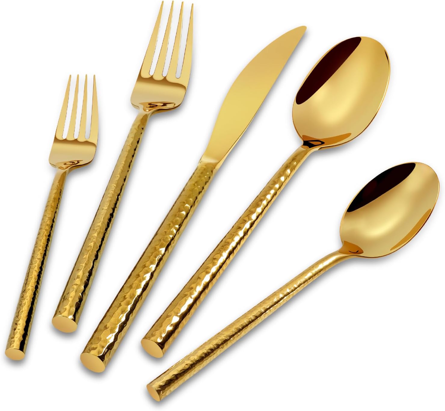 Gold Silverware Set 18/10 Stainless Steel Mirror Polishing 20-Piece Flatware Round Hammered Cutlery Set Service for 4