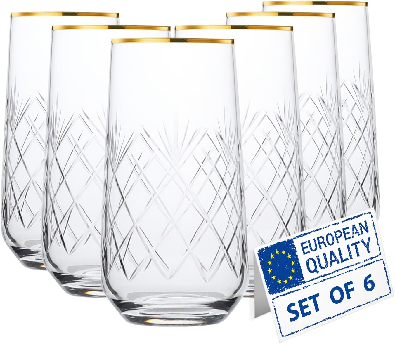 Gold-Rimmed Drinking Glasses, Set of 6, 16 oz Handmade Crystal Cut
