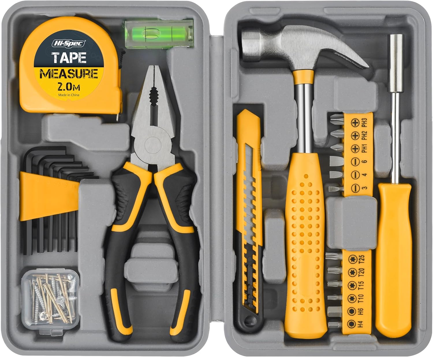 Hi-Spec Small Tool Kit, 25-Piece Compact Household DIY Set with Mini Tool Box, Yellow