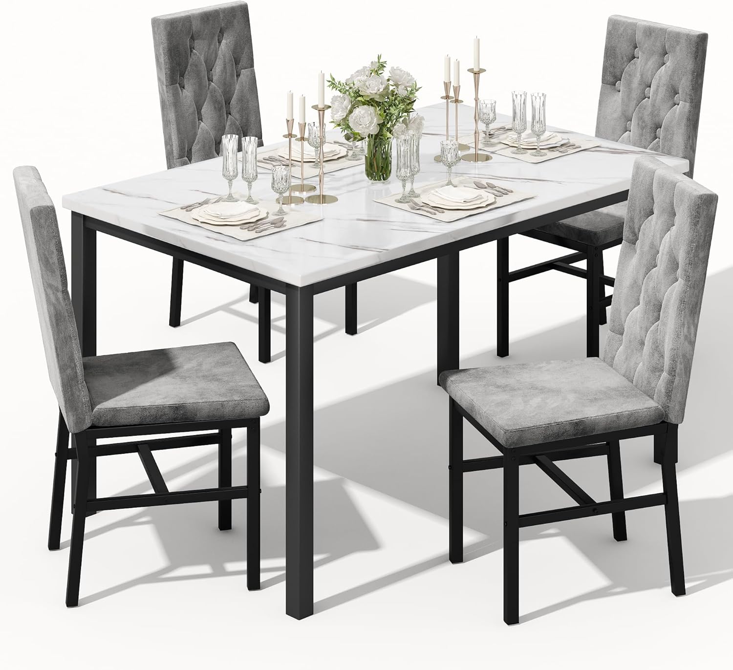 Hooseng Dining Table Set for 4, Faux Marble Kitchen Table with 4 Button-Tufted Chairs