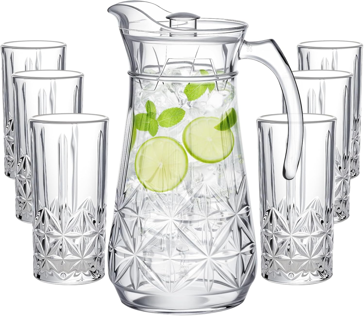 LemonRoad 7-Piece Glass Pitcher Set, 54 oz Carafe + 6 Tall Glasses