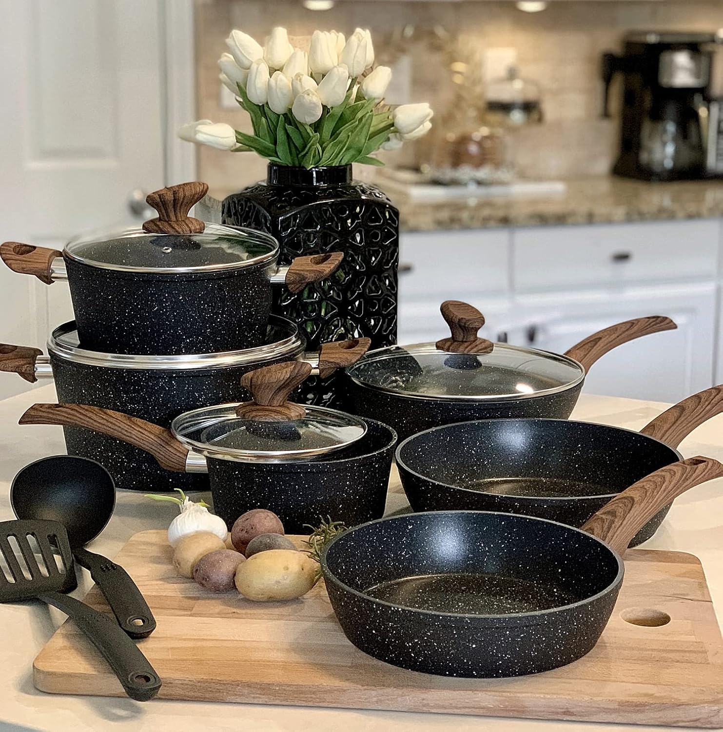Kitchen Academy Pots and Pans Set Non Stick, 12pcs Induction Cookware | Nonstick Kitchen Cookware Set, Black Granite Cooking Pans, PFOS & PFOA Free, Easy Food Release, Fast & Even Heating