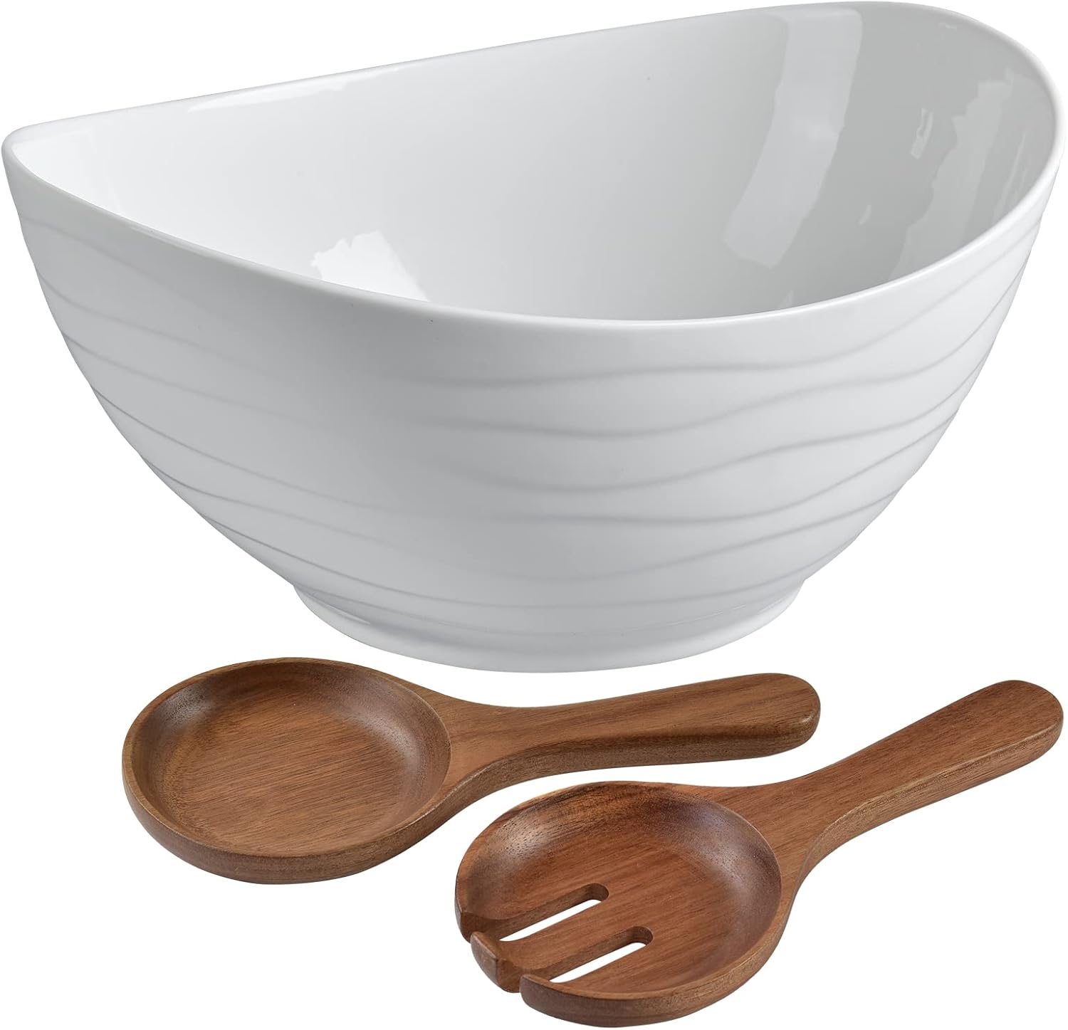 KITEISCAT Extra Large Ceramic Oval Salad Bowl Set with Acacia Wood Serving Utensils