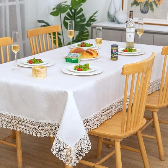 Lace Tablecloth Waterproof Fabric Washable Off White 60x84inch | Elegant Decor AntiShrink Soft Wrinkle Resistant Decorative Fabric Dining Home Holiday Party Kitchen Outdoor Indoor Home Décor