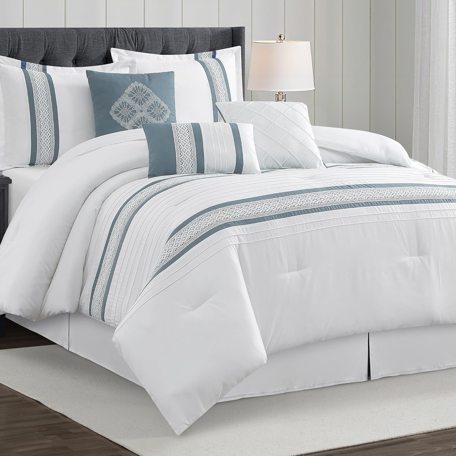LANCO MODERN LIFESTYLE 7 Piece Comforter Set, Blue White, Queen Size, Boho Geometric Microfiber Embroidery, Bed in a Bag with Bedskirt, Pillow Shams and Decor Pillows