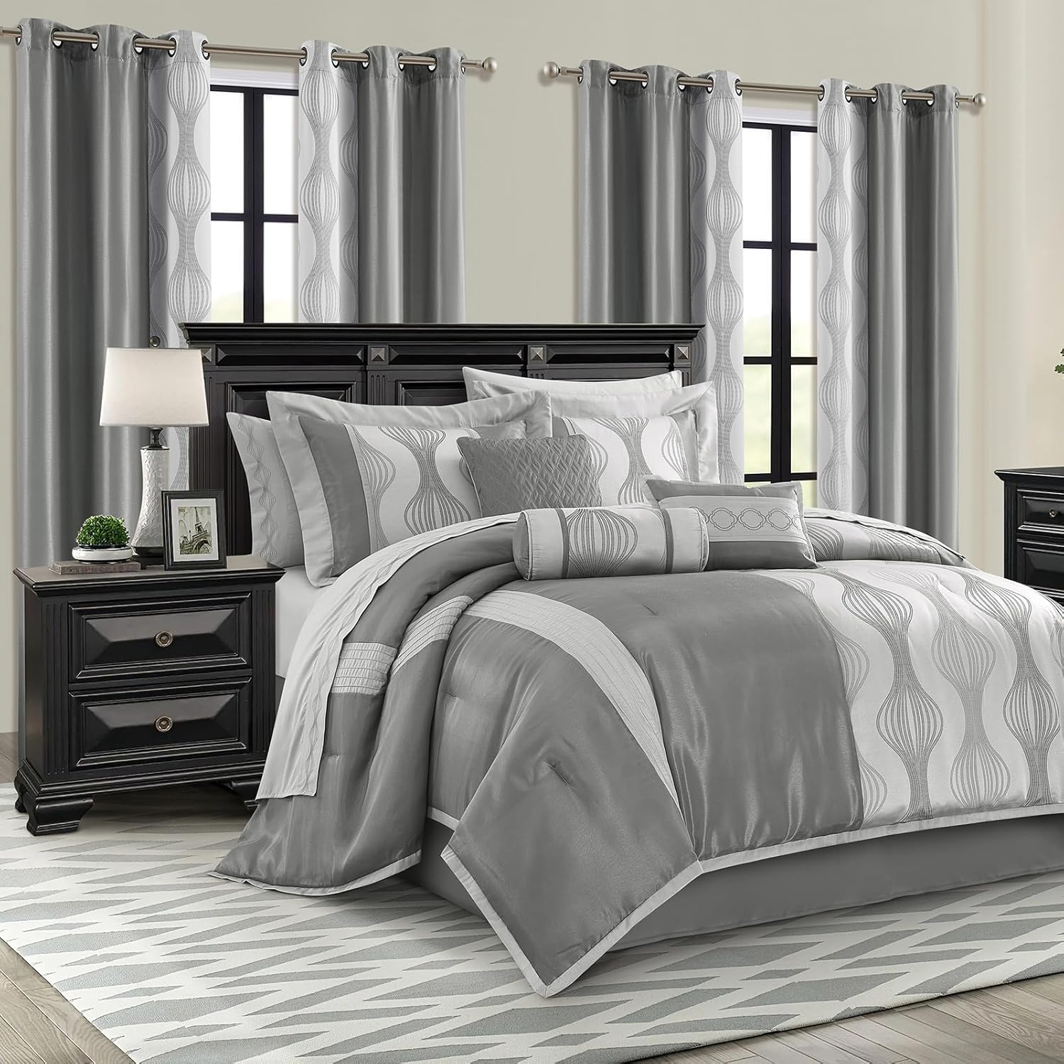 LANCO MODERN LIFESTYLE Queen Comforter Set, Grey, 15 Pieces Room in a Bag, Ultra Soft Jacquard with Patchwork, Luxury Bed Set with Sheets, Curtains, Bed Skirt, Pillow Shams