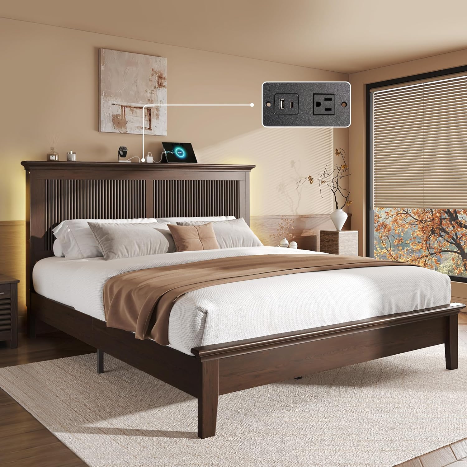 Lifezone Wood Queen Bed, Solid Wood Bed With Tall Headboard, American Vintage Design, Charging Station & RGB LED, Walnut