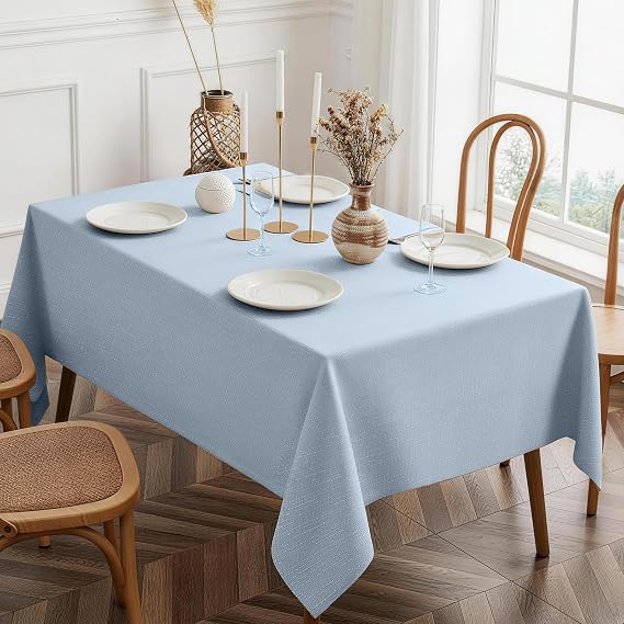 Heavy Duty Faux Linen Tablecloth Rectangular 60 x 84 Inch Light Blue | 270 GSM Heavyweight Thick Fabric, Superior Drape, Wrinkle & Stain Resistant, Double-Stitched Hem, Farmhouse Boho Style
