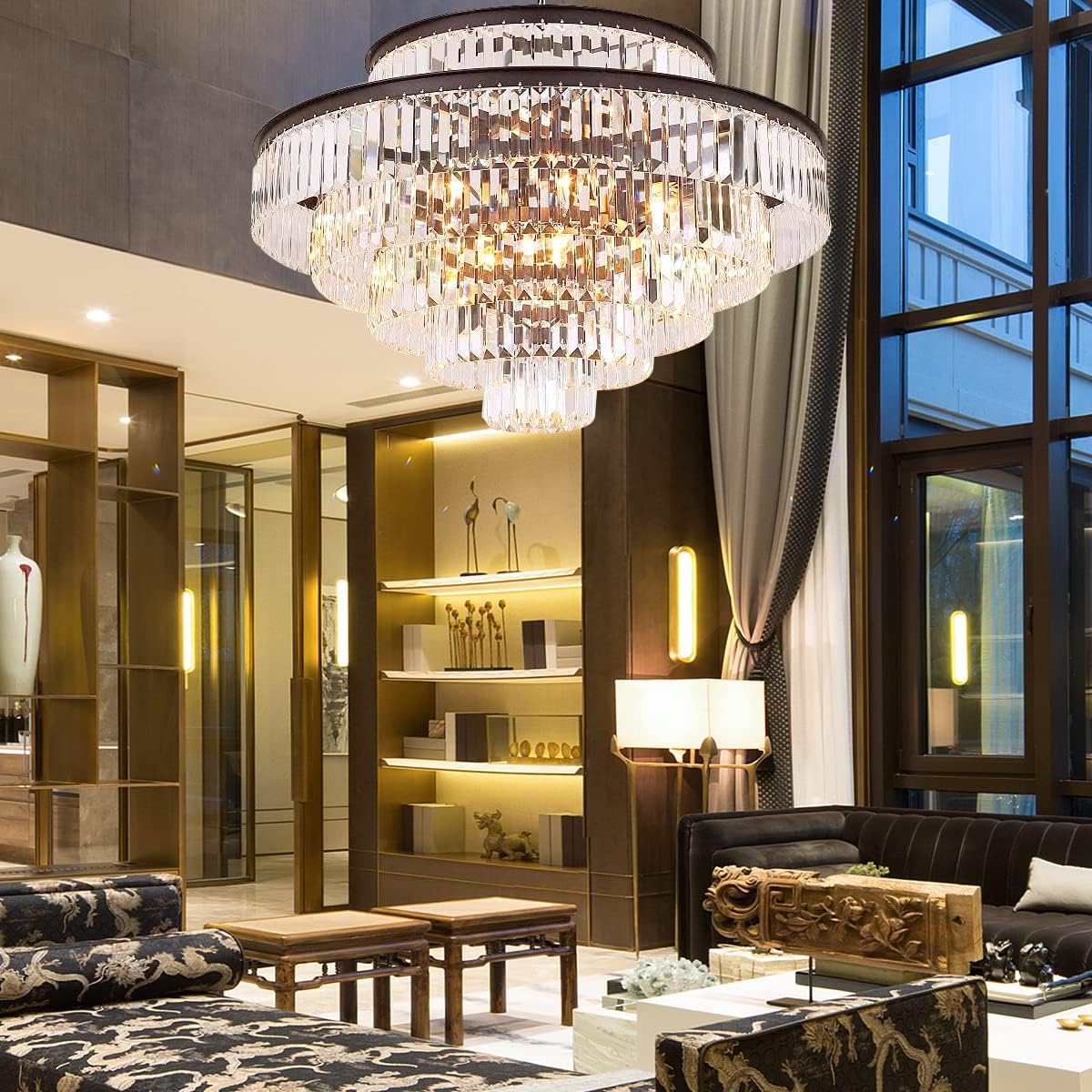 Lt-vt 31" Black Crystal Chandelier, Modern Tiered Ceiling Fixture