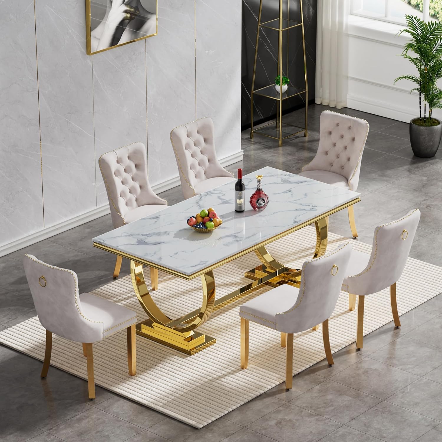 7 Piece Marble Dining Table Set for 6, Luxury White Marble Gold Kitchen Table with 6 Beige Velvet…