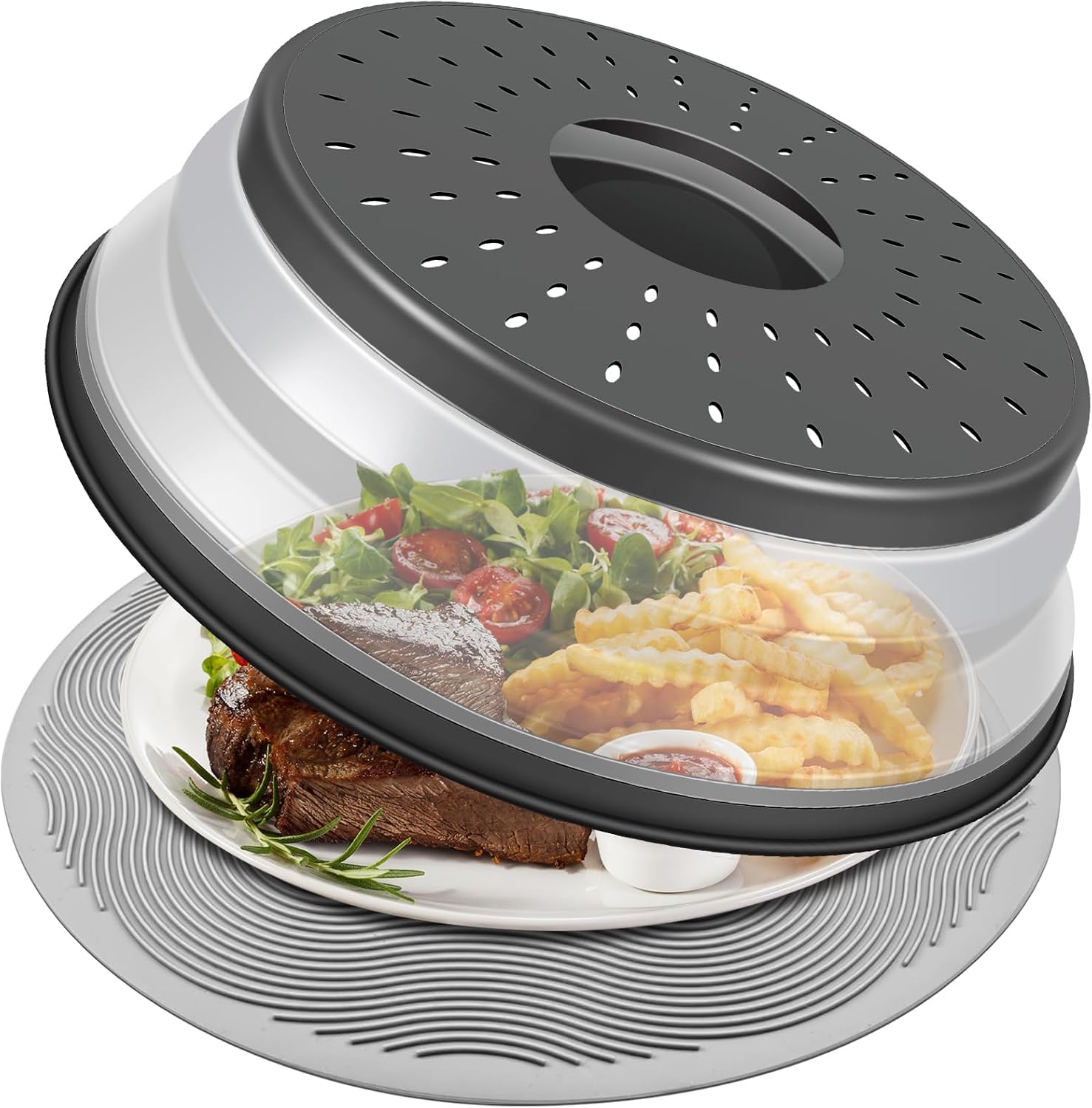 LekDrok 10" Microwave Food Cover & Collapsible Silicone Mat, Charcoal