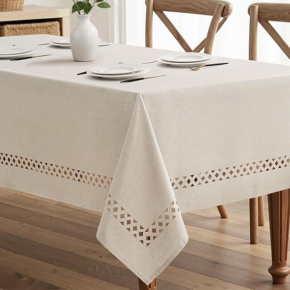 MIULEE Beige Rectangle Tablecloth with Decorative Cutouts 60x84 Inch | Waterproof Stain Resistant & Shrink-Proof Table Cloth Farmhouse Style for Dining Wedding Kitchen Party Outdoor