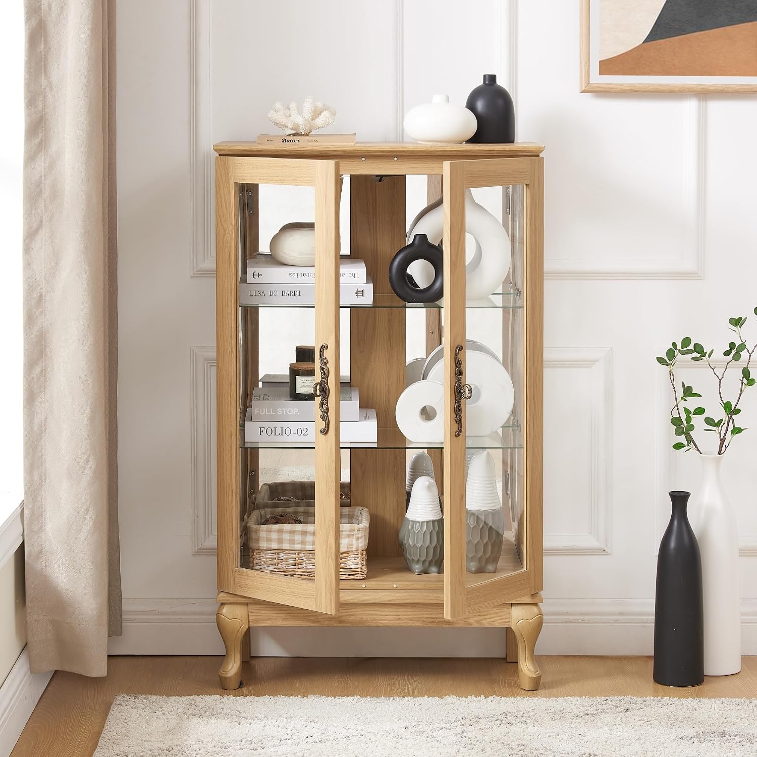 Modern Lighted Display Cabinet with Glass Doors, Mirrored Back & Adjustable Shelves (Oak)