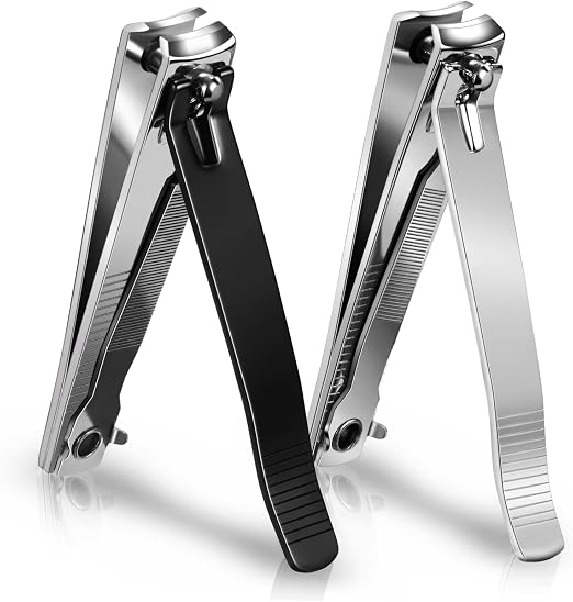 Large Nail Clippers 2-Pack, Sharp Stainless Steel Fingernail & Toenail Trimmers with Nail File, Manicure Kit Fingernail Tools for Men & Women, Black and Silver Color