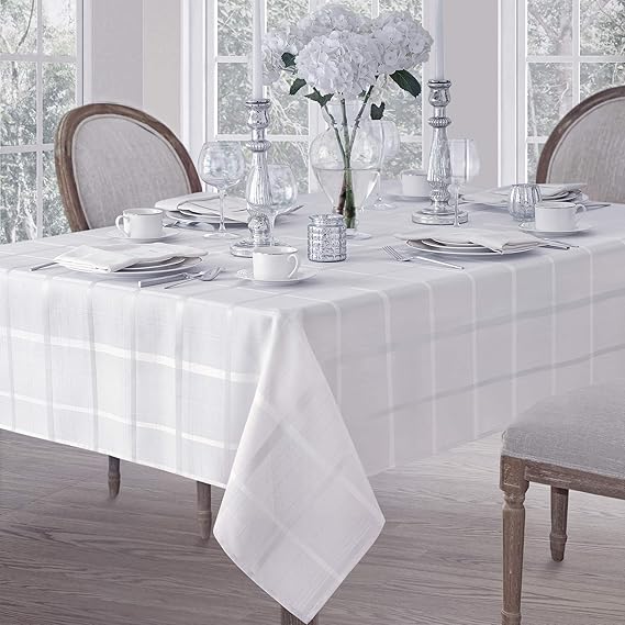 Newbridge 60 x 84 Inch Rectangle Fabric Tablecloth, Elegance Plaid, 100% Polyester, No Iron Soil Resistant Dining Room, Party and Banquet Table Cover, Solid Textured, White