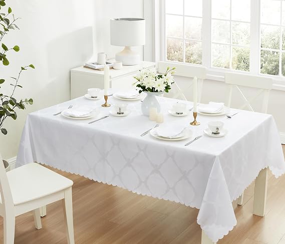 Newbridge Ribbons and Bows Damask Fabric Tablecloth, White, 60 x 102 Inch Rectangle, Wrinkle & Stain Resistant Table Cover